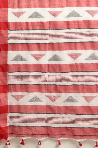 White & red liva pure cotton striped handloom saree