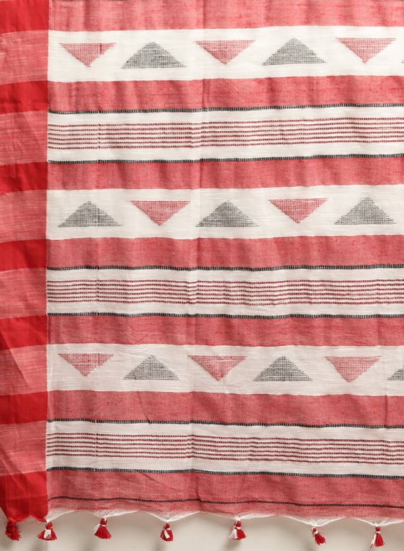 White & red liva pure cotton striped handloom saree