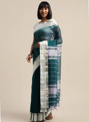 White & blue liva silk cotton woven design maheshwari saree 1