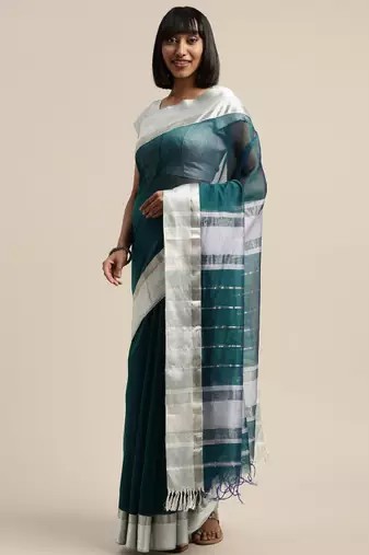 White & blue liva silk cotton woven design maheshwari saree