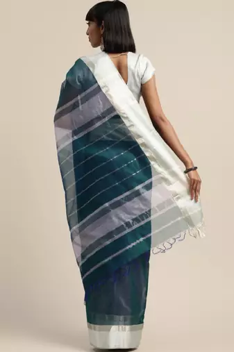 White & blue liva silk cotton woven design maheshwari saree