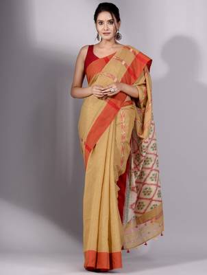 Beige & green woven design tissue saree 1