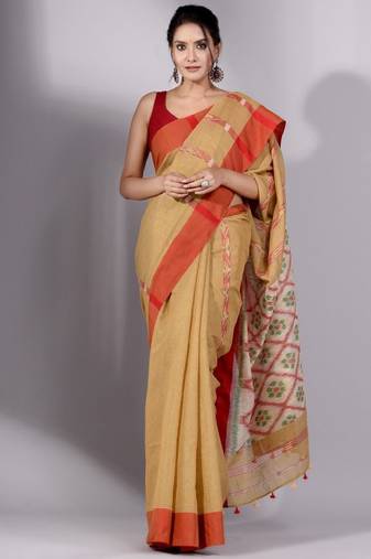 beige and green woven design tissue saree