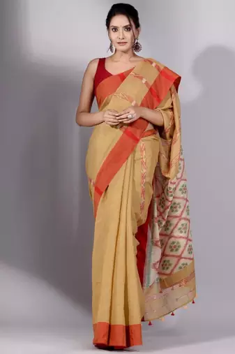 beige and green woven design tissue saree