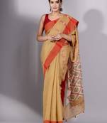 Beige & green woven design tissue saree