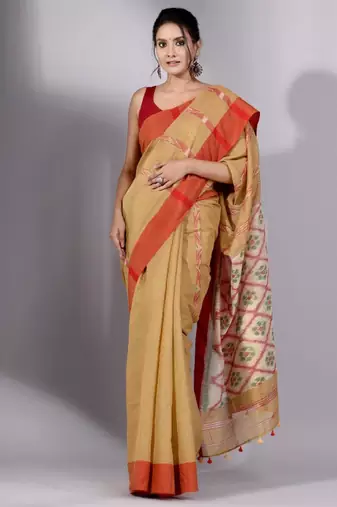 beige and green woven design tissue saree