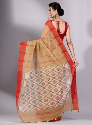 Beige & green woven design tissue saree 4