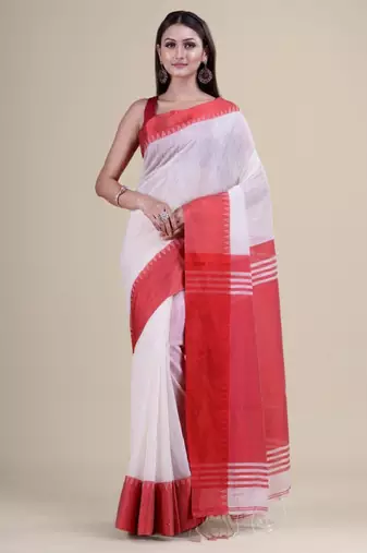 Women white taant jamdani cotton silk saree