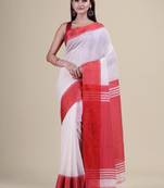 Women white taant jamdani cotton silk saree