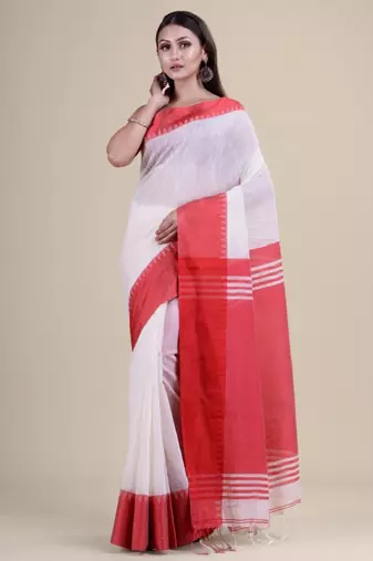 Women white taant jamdani cotton silk saree