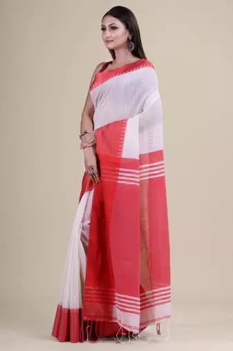 Women white taant jamdani cotton silk saree
