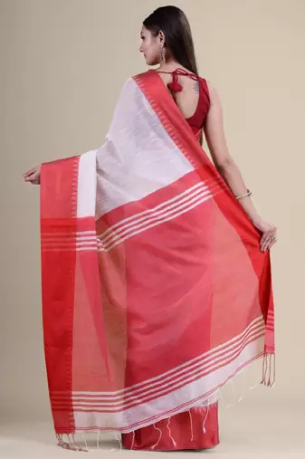 Women white taant jamdani cotton silk saree