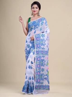 White & blue woven design silk cotton jamdani saree 1
