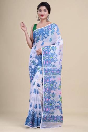 white and blue woven design silk cotton jamdani saree