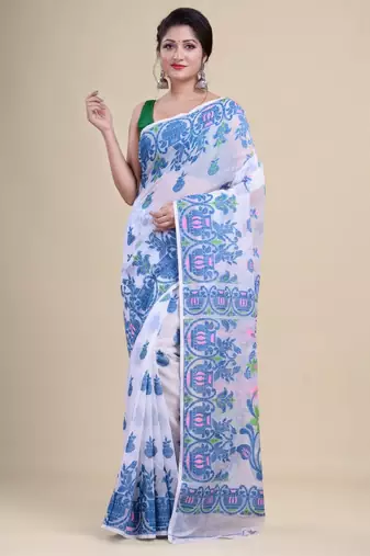 White & blue woven design silk cotton jamdani saree