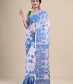 White & blue woven design silk cotton jamdani saree