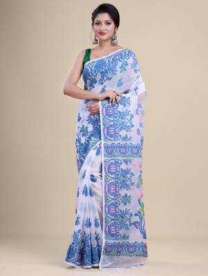 White & blue woven design silk cotton jamdani saree 2