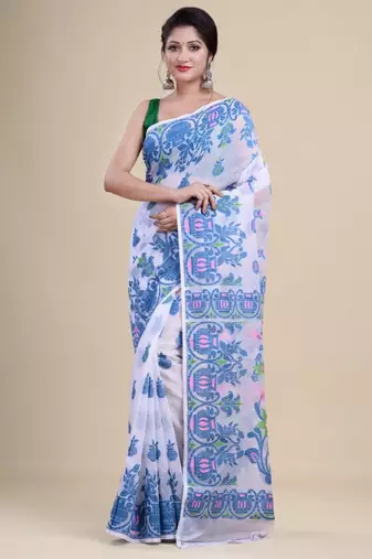 White & blue woven design silk cotton jamdani saree