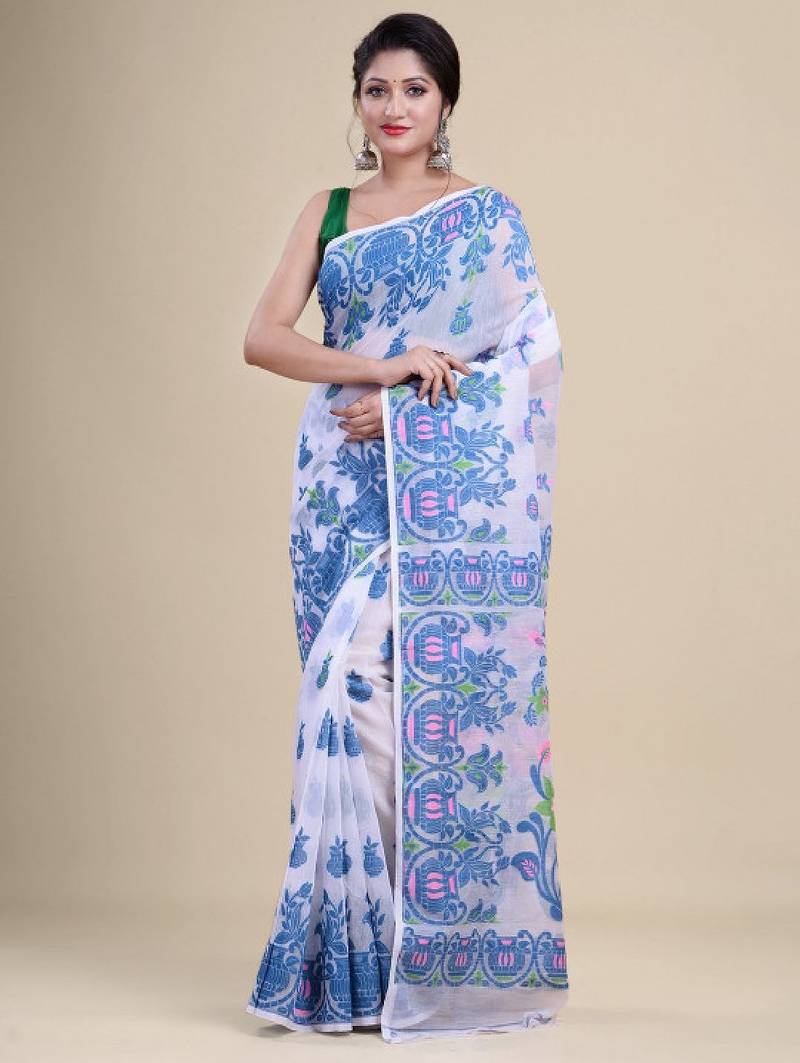 White & blue woven design silk cotton jamdani saree