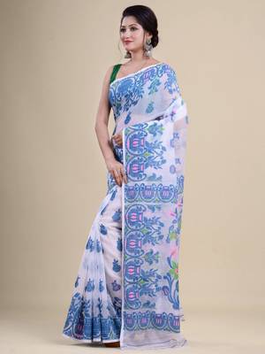 White & blue woven design silk cotton jamdani saree 3