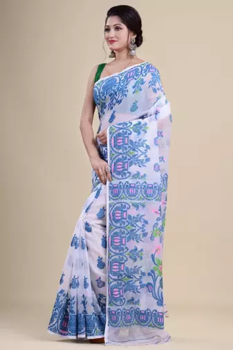 White & blue woven design silk cotton jamdani saree