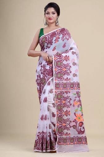 white and maroon silk cotton jamdani saree with woven design