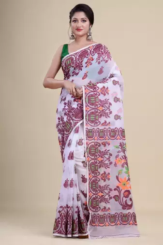 White & maroon woven design silk cotton jamdani saree