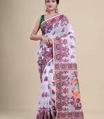 White & maroon woven design silk cotton jamdani saree