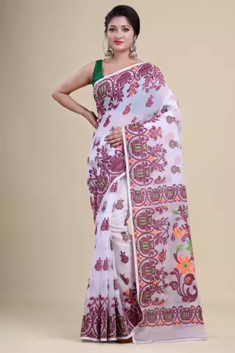 White & maroon woven design silk cotton jamdani saree