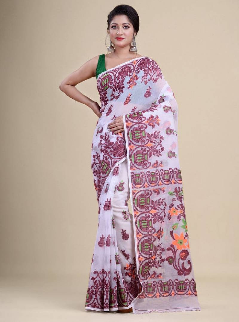 White & maroon woven design silk cotton jamdani saree