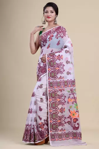 White & maroon woven design silk cotton jamdani saree