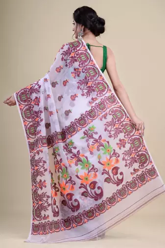 White & maroon woven design silk cotton jamdani saree
