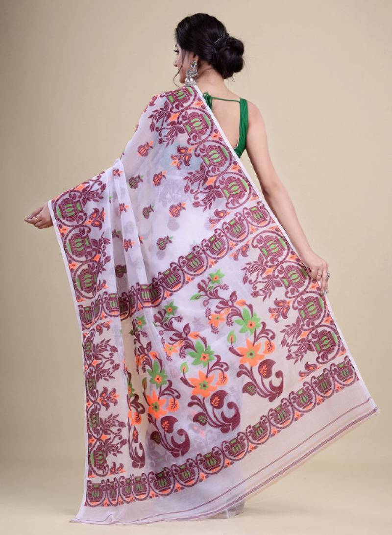 White & maroon woven design silk cotton jamdani saree