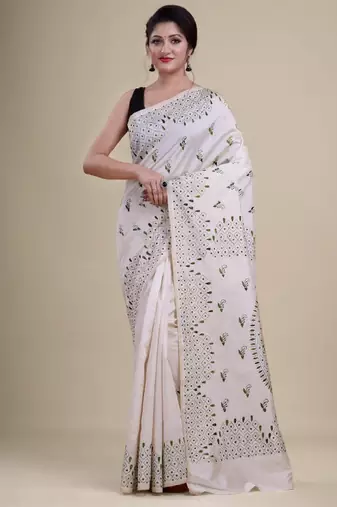Off white & green woven design silk cotton jamdani saree
