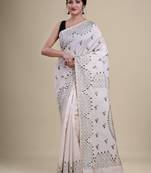 Off white & green woven design silk cotton jamdani saree