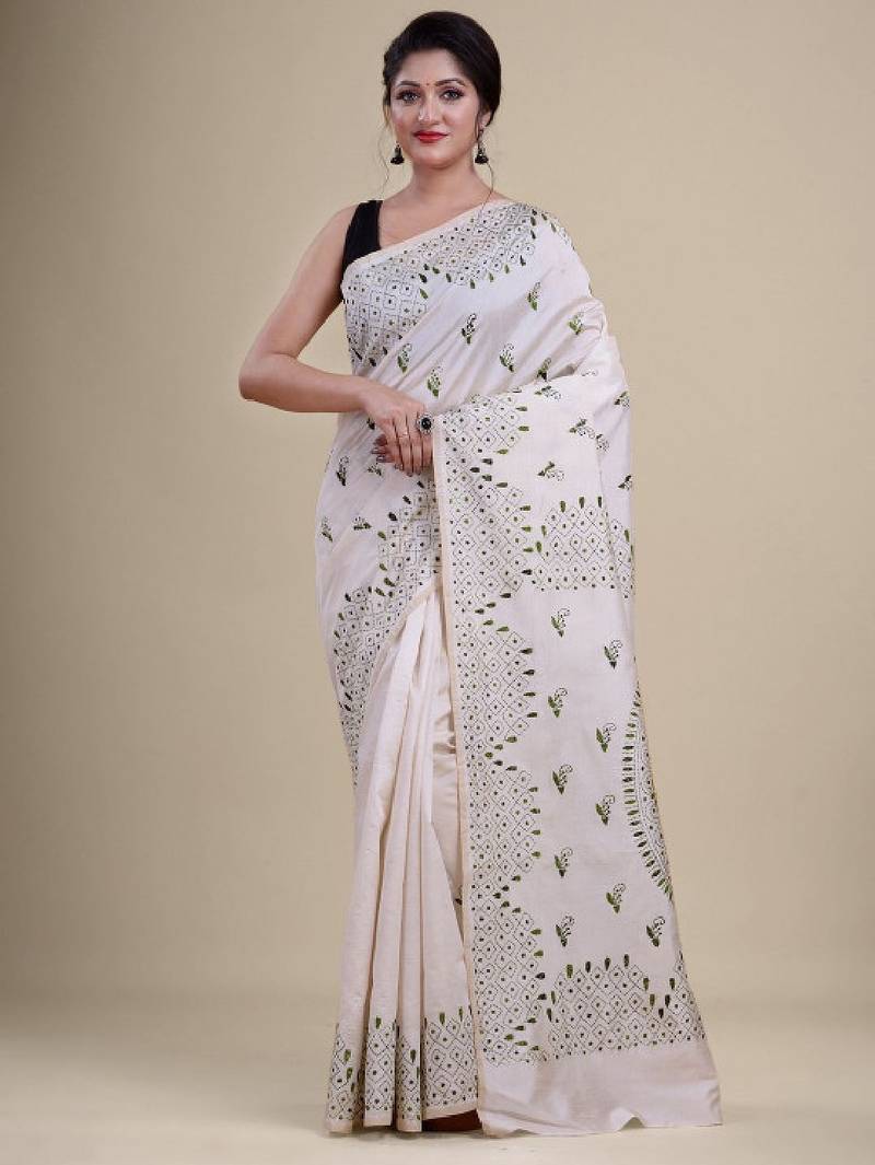 Off white & green woven design silk cotton jamdani saree