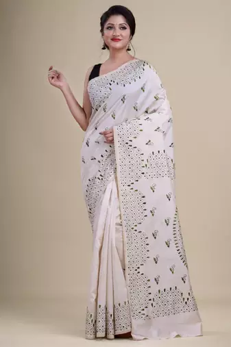 Off white & green woven design silk cotton jamdani saree