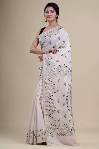 Off white & green woven design silk cotton jamdani saree