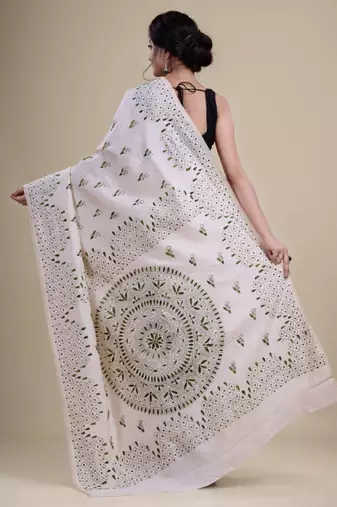 Off white & green woven design silk cotton jamdani saree