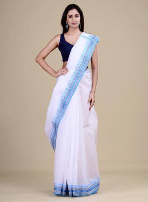 Women white & blue woven design zari jute silk jamdani saree 1