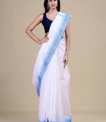 Women white & blue woven design zari jute silk jamdani saree