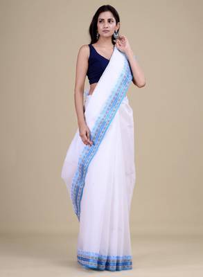 Women white & blue woven design zari jute silk jamdani saree 2