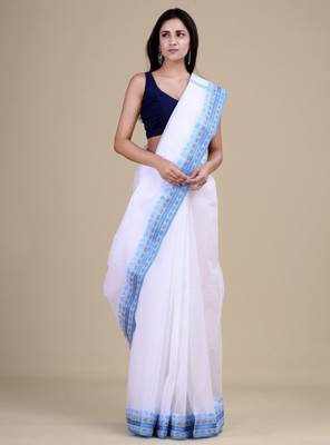 Women white & blue woven design zari jute silk jamdani saree 3