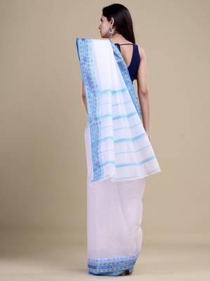 Women white & blue woven design zari jute silk jamdani saree 4