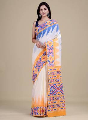 White & blue woven design jute silk jamdani saree 1