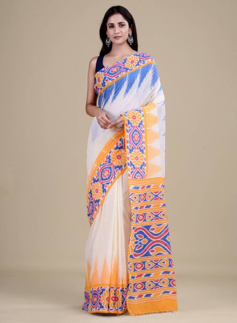 White & blue woven design jute silk jamdani saree