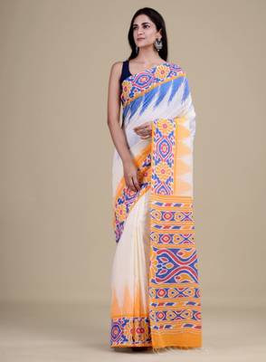 White & blue woven design jute silk jamdani saree 2