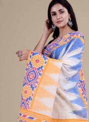 White & blue woven design jute silk jamdani saree 3