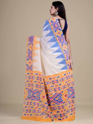 White & blue woven design jute silk jamdani saree 4