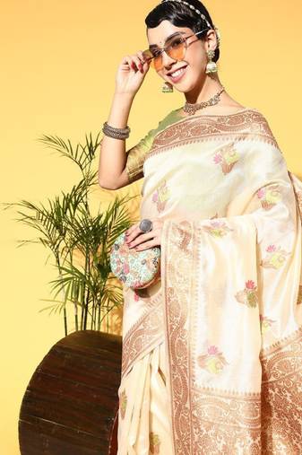 beige silk blend banarasi saree with woven design